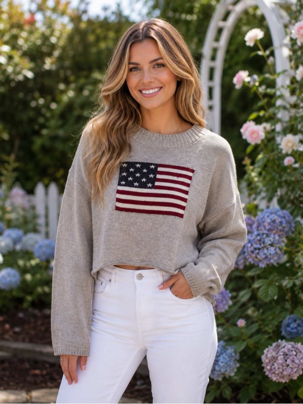Gray Cropped Sweater with Flag Motif